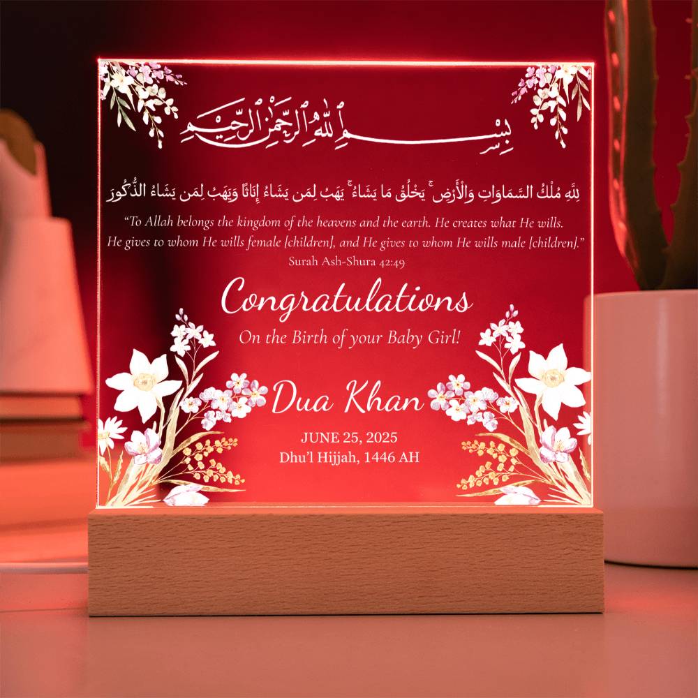 Birth of your Baby Girl -  Newborn Acrylic Plaque - Gift for New Mom by Qiyam
