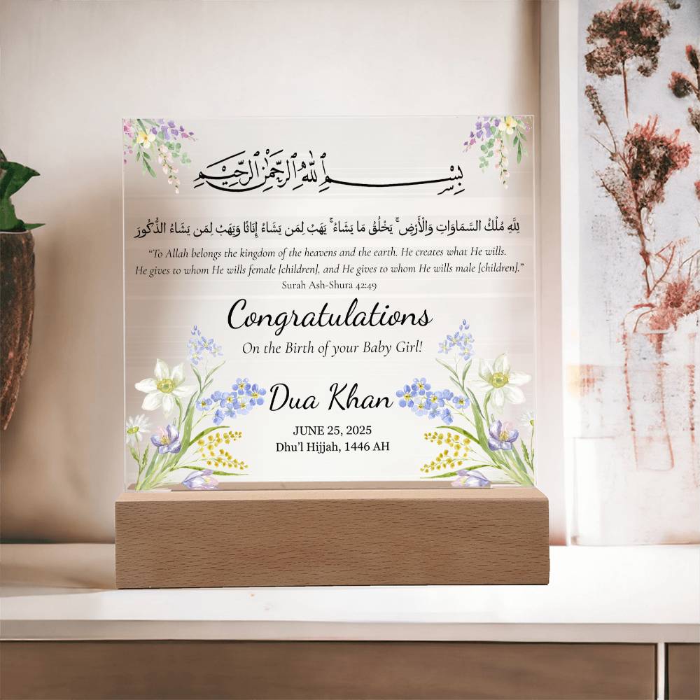Birth of your Baby Girl -  Newborn Acrylic Plaque - Gift for New Mom by Qiyam