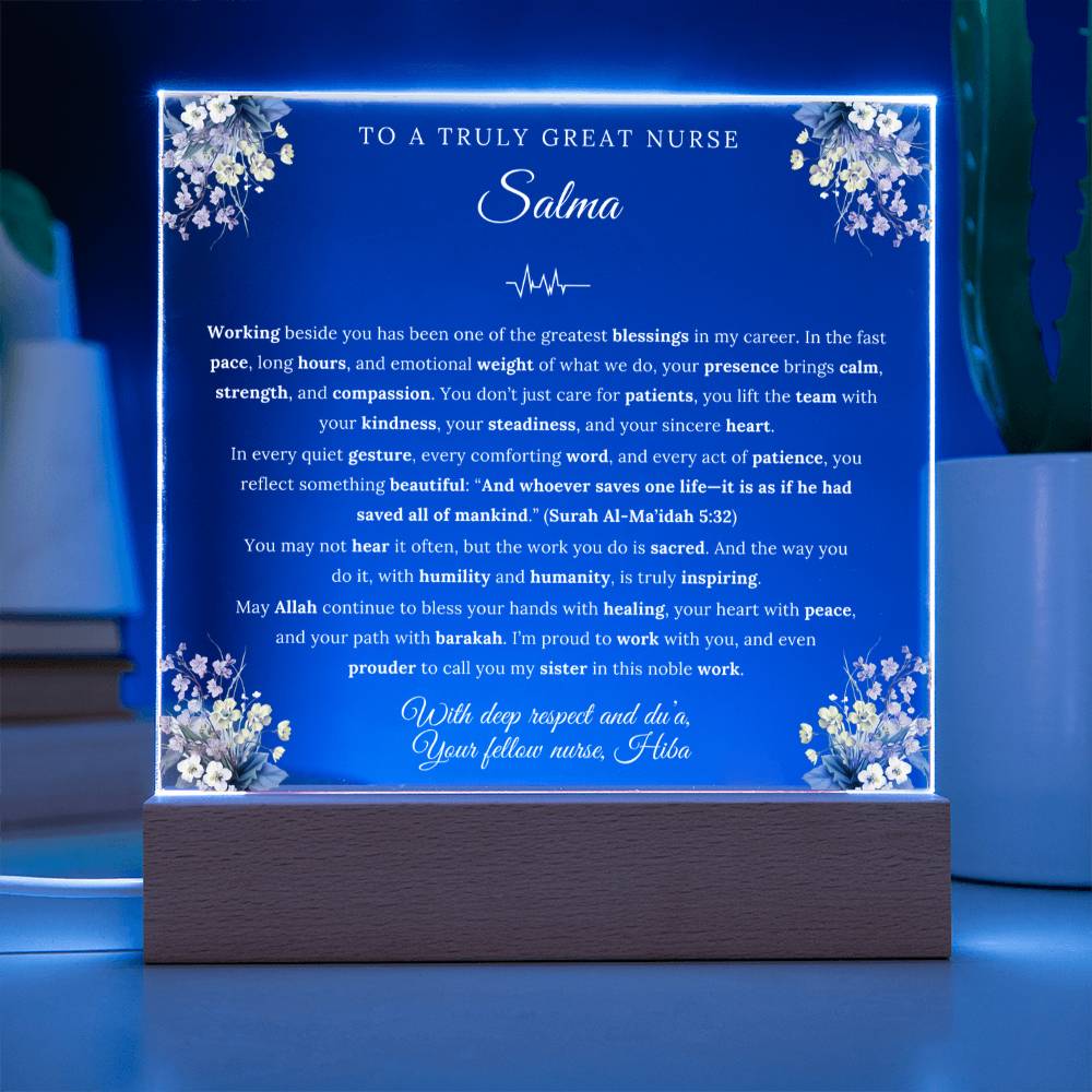 Working beside you has been one of the greatest blessings in my career-Islamic Colleague Appreciation acrylic plaque from  Fellow nurse -gift for Colleague nurse by Qiyam